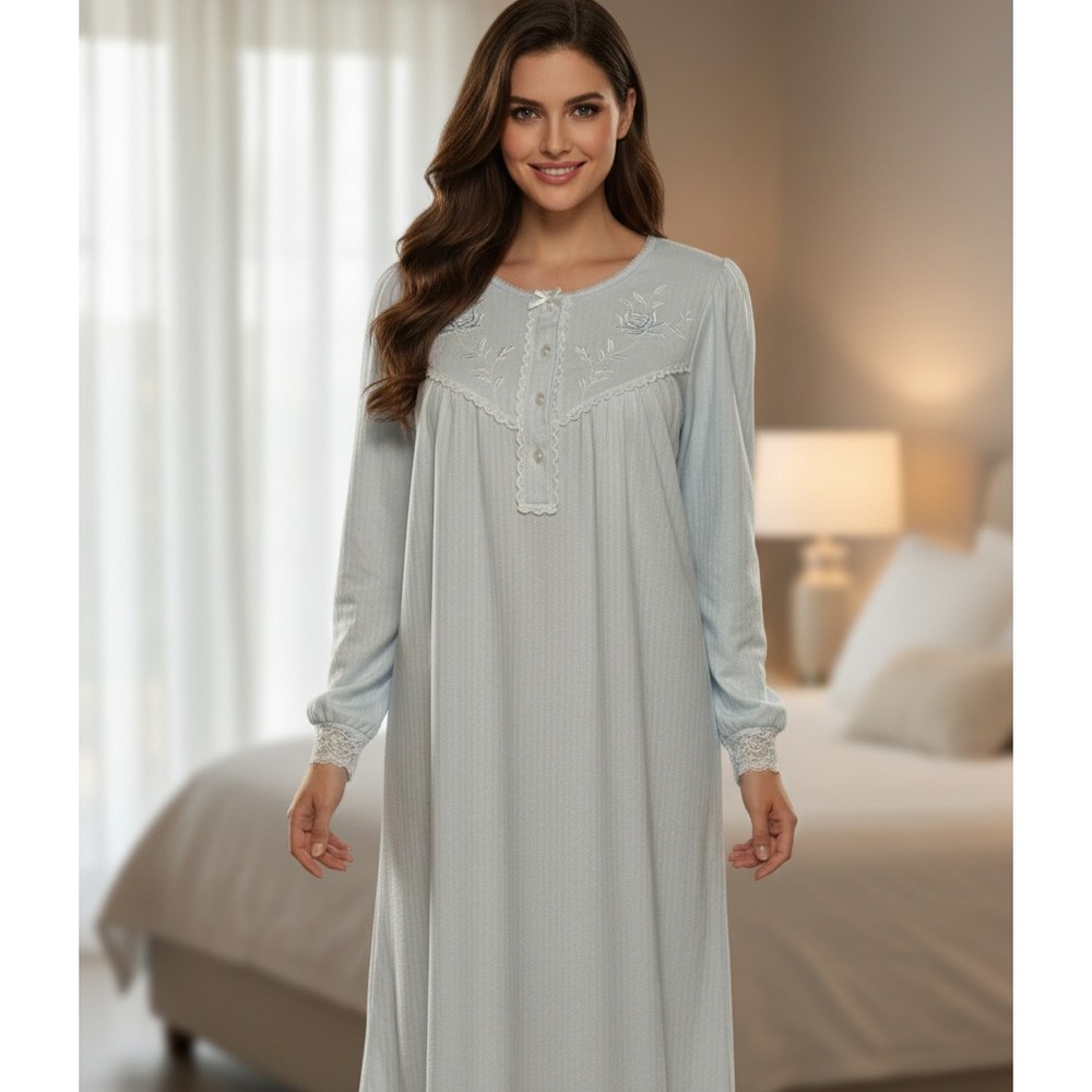 NWT Miss Elaine Women's Small Blue Round-Neck Honeycomb Knit Pattern Sleep Dress